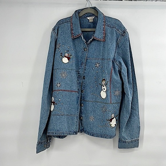 Vintage denim snowman Christmas button up size large - Picture 1 of 6